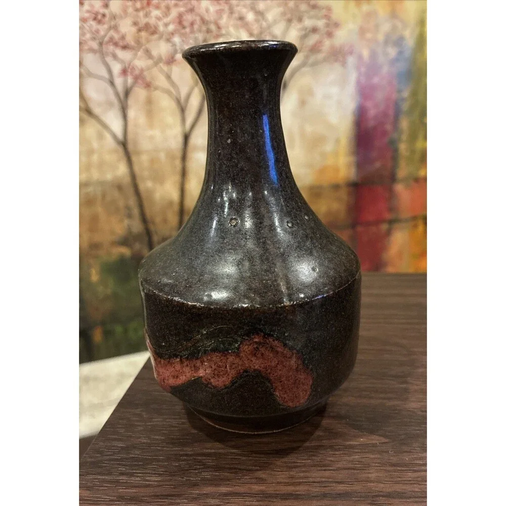 Vintage Signed Studio Pottery 1991 Tenmoku Stoneware Tokkuri Vase